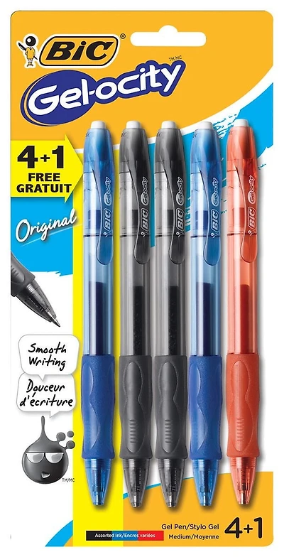 BIC Gel-ocity Original Retractable Smooth-writing, refillable retractable gel pen perfect for any occasion , Medium Point (0.7mm), Comfortable, Contoured Grip, 4+1 pack