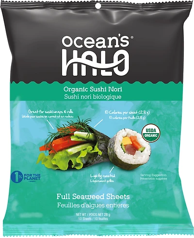 Ocean's Halo, Organic Sushi Nori Seaweed, Vegan, 28g, OCEAN'S HALO ORG SUSHI NORI SEAWEED SHTS