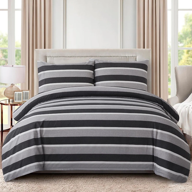 Marina Decoration Ultra Soft Silky Zipper Rich Printed Rayon from Bamboo All Season Duvet Cover Set with Pillowcases, Black Grey Stripes Pattern