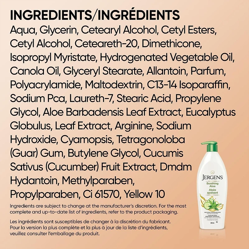 Hydratant pour le corps à l’aloès apaisant pour la peau sèche de Jergens (620mL) Testé par des dermatologues | 620 ml