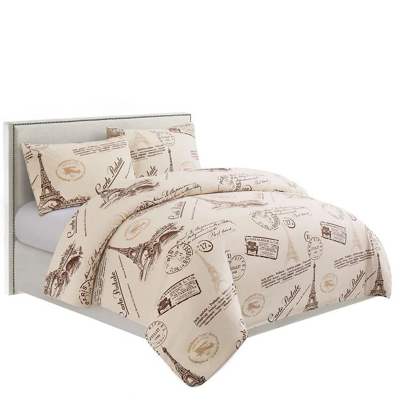 Literie Marina Décoration ultra douce et soyeuse en rayonne de bambou, imprimée toutes saisons, avec taie d'oreiller, motif Tour Eiffel ivoire