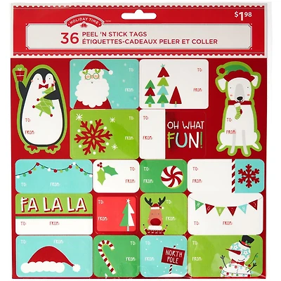Holiday Time Whimsical Peel 'N Stick Gift Tags, Self-Stick Christmas Labels, Fun Christmas Icons, 36 Count