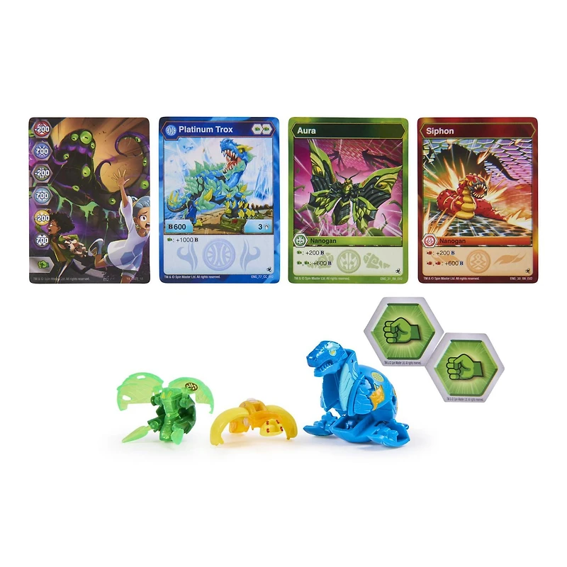 Bakugan Evolutions, Neo Trox with Nano Aura and Siphon Platinum Power Up Pack, True Metal Bakugan Action Figure, 2 Nanogan, 2 Bakucore, 2 Ability Cards, Kids Toys for Boys and Girls, Ages 6 and Up