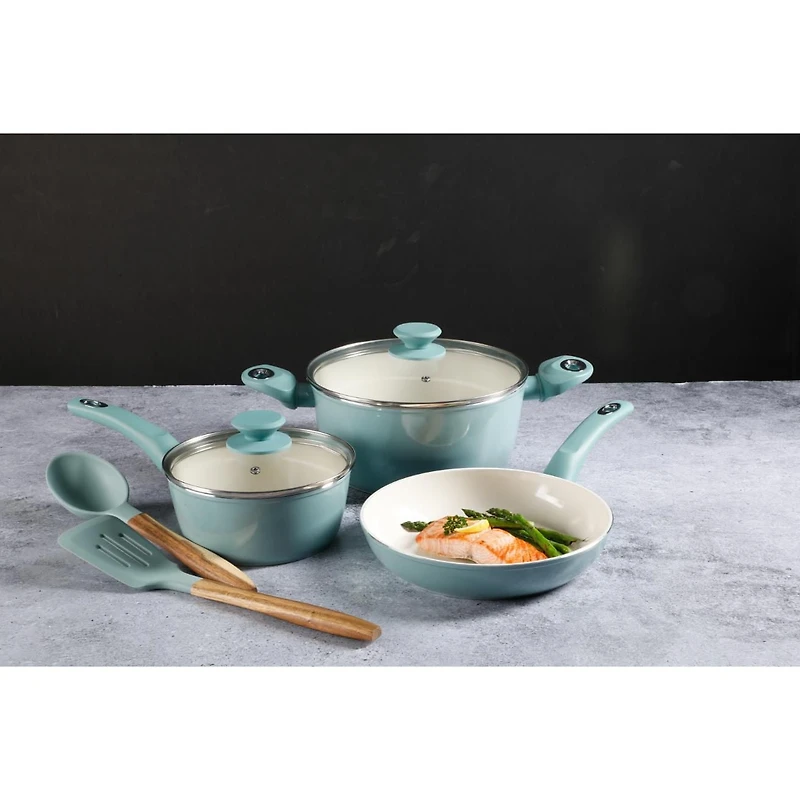 Gibson Plaza Café 7 Piece Aluminum Cookware Set, Sky with Soft Touch Bakelite Handle