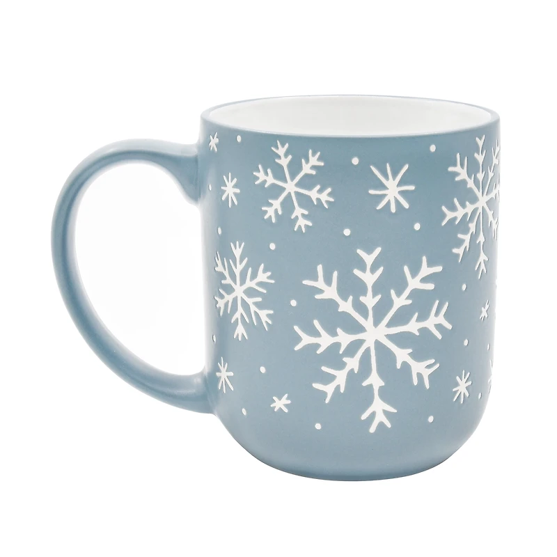 Holiday Time Tasse de Noël en grès avec motif flocon de neige, Bleu clair, 15,5 oz, 1 pièce, vaisselle festive