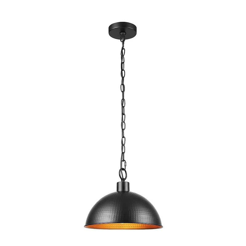 1-Light Weathered Black Pendant Light with Hammered Metal Gold Interior Shade