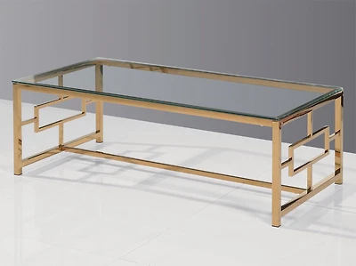 TABLE BASSE K-LIVING KWEEN AVEC PLATEAU EN VERRE TRANSPARENT ET BASE EN ACIER INOXYDABLE POLI OR