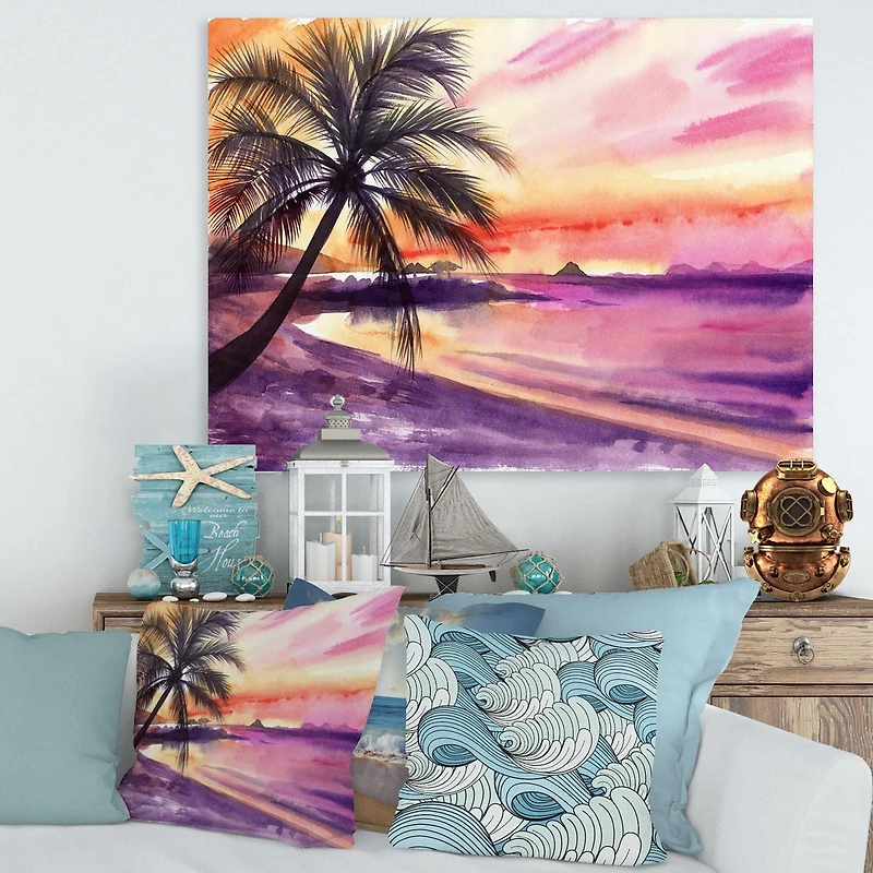 Designart Coucher de soleil rose et violet Palm Beach Art mural sur toile
