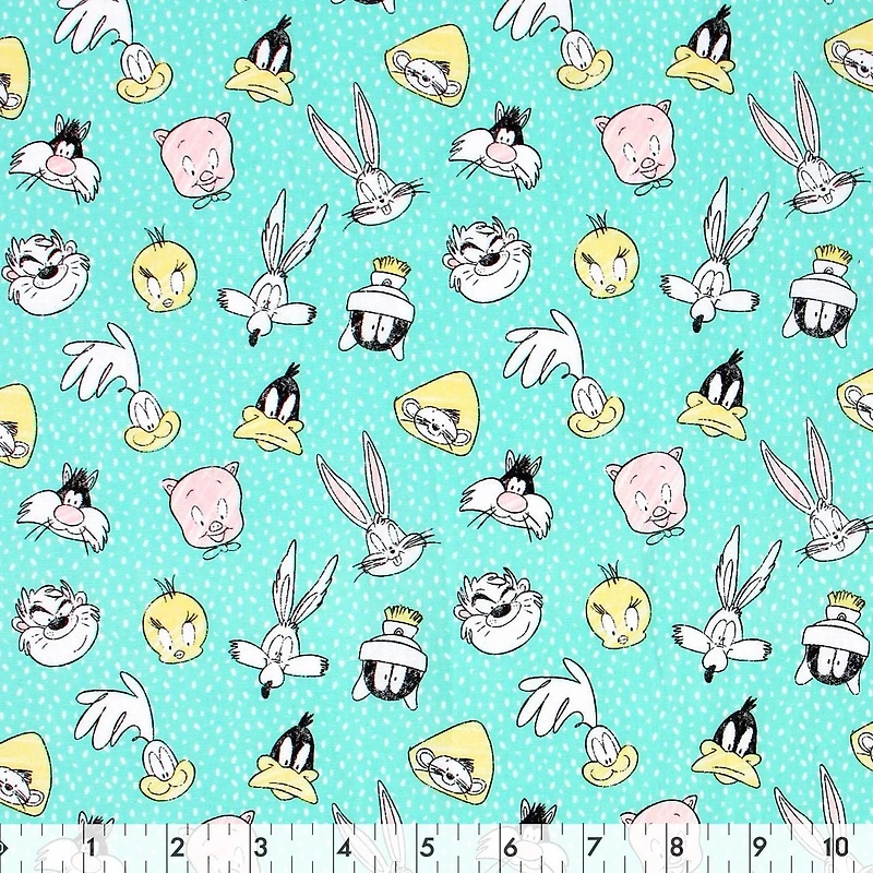 Fabric Creations Aqua Dots with Bugs Bunny and Looney Toon Heads Cotton Fabric by the Metre