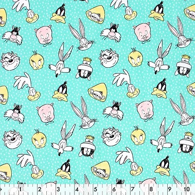 Fabric Creations Aqua Dots with Bugs Bunny and Looney Toon Heads Cotton Fabric by the Metre