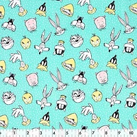Fabric Creations Aqua Dots with Bugs Bunny and Looney Toon Heads Cotton Fabric by the Metre