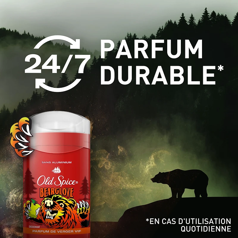 Désodorisant sans aluminium Old Spice pour hommes, fraîcheur 24 heures sur 24, 7 jours sur 7, protection longue durée contre les odeurs, parfum légendaire, Bearglove, parfum de ver 85g