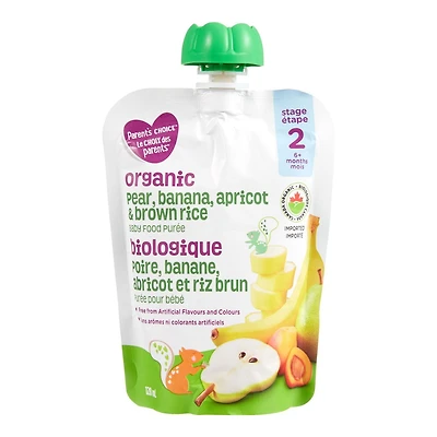 Purée pour bébé biologique poire, banane, abricot et riz brun Le choix des parents