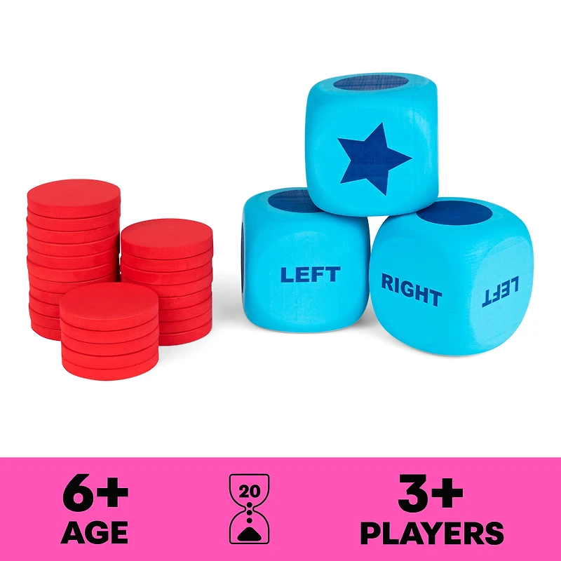 PassPlay: The Game of Left Center Right géant, le jeu de dés classique avec de gros dés surdimensionnés pour les enfants, les familles et les adultes à partir de 6 ans.