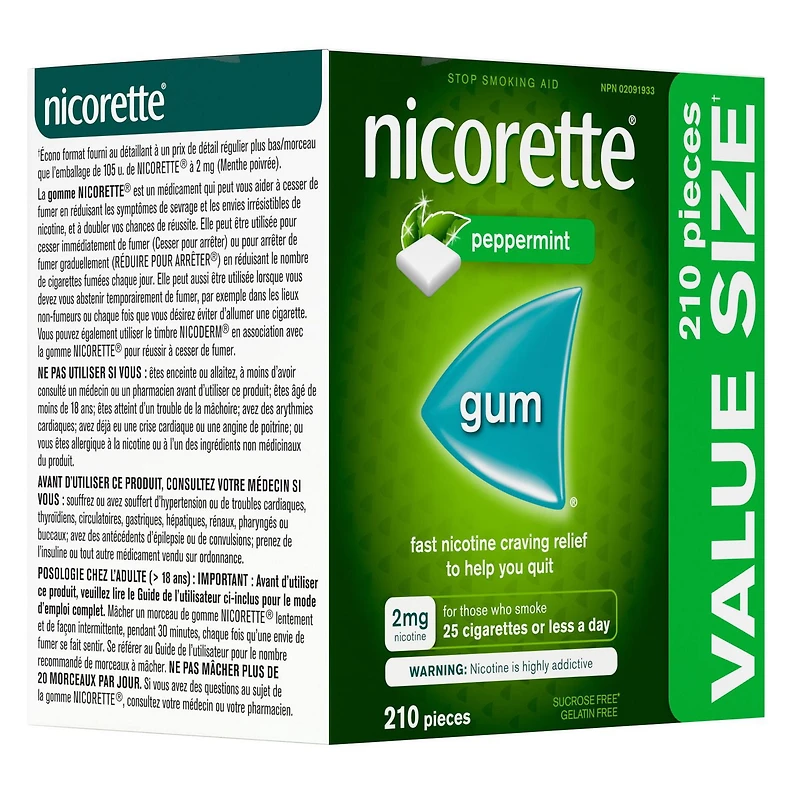 Nicorette Peppermint Gum, 2 mg, Quit Smoking, Nicotine Gum, Smoking Cessation Aid, NRT, Reduce Cravings, 210 pieces