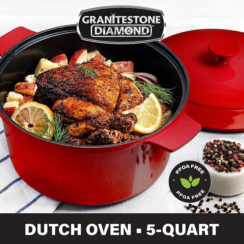 Granitestone Diamond 5 Quart Dutch Oven Pot with Lid, Ultra Nonstick & Durable Mineral & Diamond Surface, Self-Basting Lid, Metal Utensil Safe, Oven & Dishwasher Safe, 100% PFOA Free, Red