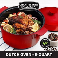 Granitestone Diamond 5 Quart Dutch Oven Pot with Lid, Ultra Nonstick & Durable Mineral & Diamond Surface, Self-Basting Lid, Metal Utensil Safe, Oven & Dishwasher Safe, 100% PFOA Free, Red