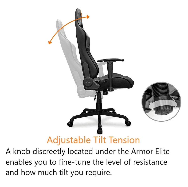 Chaise de gaming Cougar Armor Elite - Cuir PVC avec dossier inclinable jusqu'à 160º, accoudoirs 2D réglables et mécanisme d'inclinaison ajustable, coussins pour la tête et les lombaires