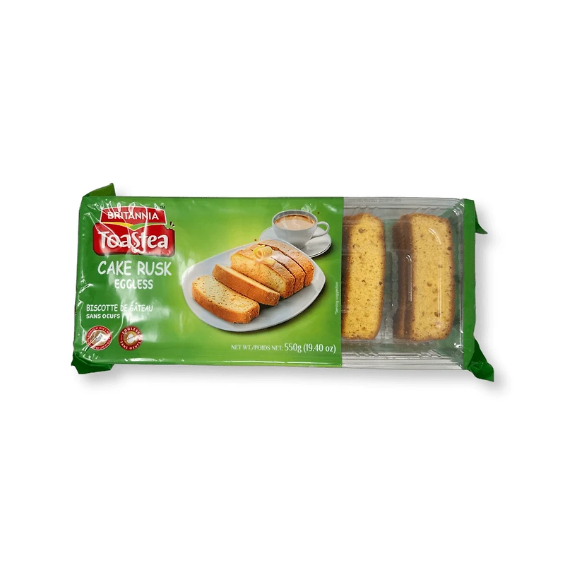 BRITANNIA EGGLESS CAKE RUSK Treat yourself to the delicious Britannia Toastea Eggless Cake Rusk. Made with the finest ingredients, these crunchy biscuits are perfect for your morning tea and evening snacks. Enjoy the delectable taste of these all-time favorite eggless cake rusk biscuits. With their crunchy texture, they make