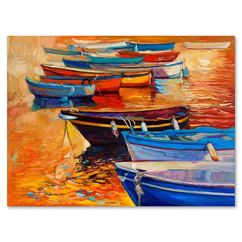 Designart Bateaux dans le port pendant le coucher du soleil chaud de Colourd I Art mural sur toile