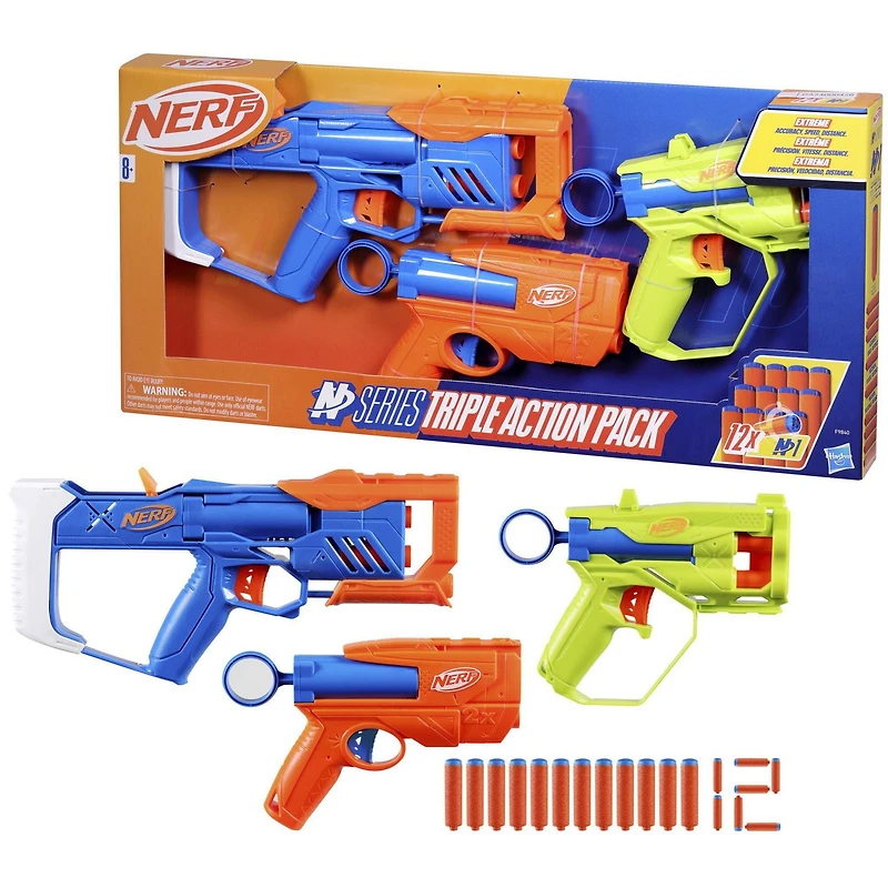 Nerf N Series Triple Action Pack, 3 Blasters, 12 Nerf N1 Darts Compatible Only with Nerf N Series Blasters, Ages 8 and up