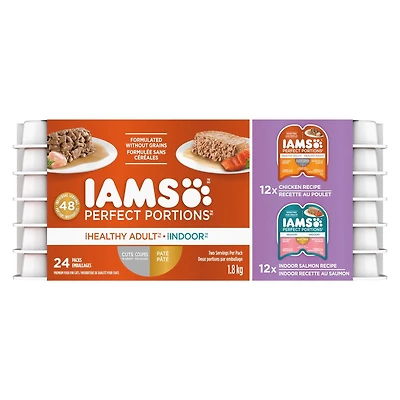 Nourriture humide sans céréales pour chats adultes Iams Perfect Portions Pâté en format variété – Coupes en sauce recette au poulet et Pâté Indoor recette au saumon 24x75g