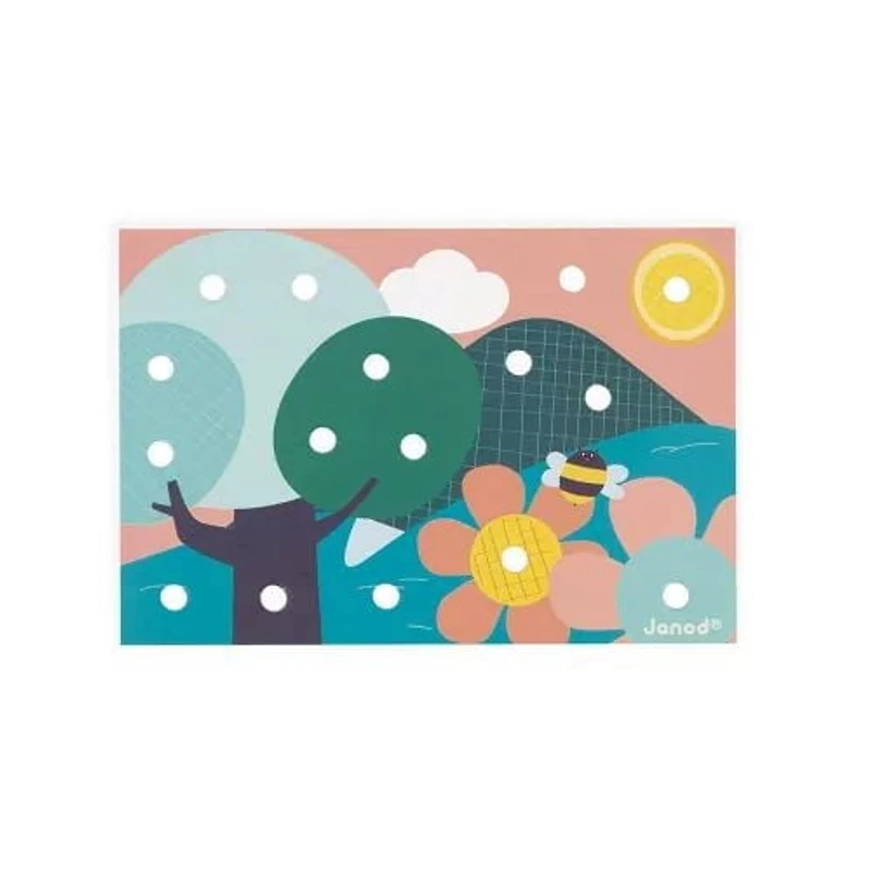 Janod - My First Wooden Mosaics - Early Learning Toy - 6 Perforated Cards and 38 Wooden Pawns - Learning of Colours and Motor Skills - Water Painting - from 2 Years