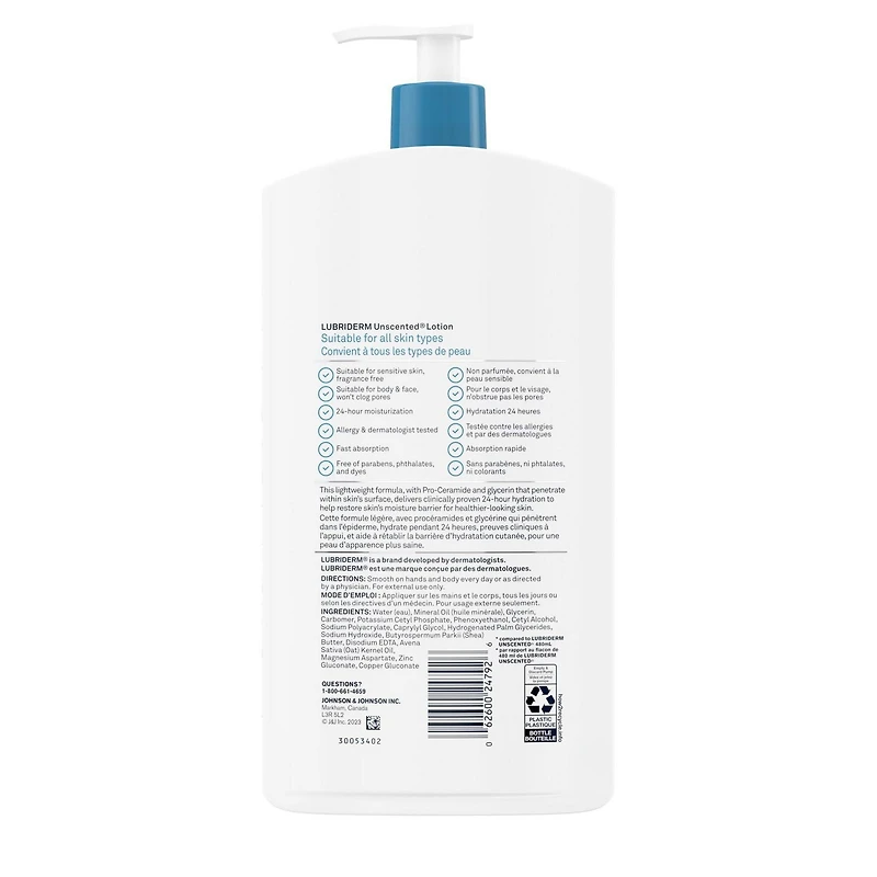 Lubriderm Unscented Lotion, Shea Butter and Glycerin, Dry Skin, Hand, Face Moisturizer, Fragrance Free, 710 mL