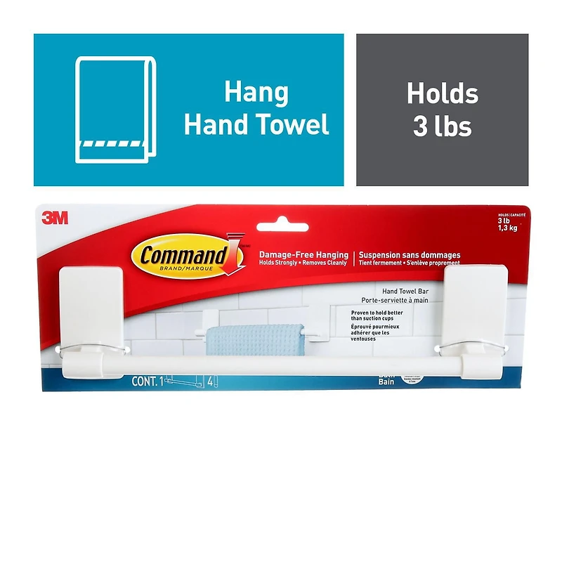 Command™ Bath Hand Towel Bar BATH42-EF, Medium, Plastic, 3 lb (1.3 kg), 1 Bar, 4 Strips
