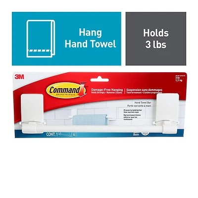 Command™ Bath Hand Towel Bar BATH42-EF, Medium, Plastic, 3 lb (1.3 kg), 1 Bar, 4 Strips