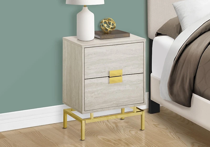 Monarch Specialties Accent Table, Side, End, Nightstand, Lamp, Storage Drawer, Living Room, Bedroom, Beige Marble Look Laminate, Gold Metal, Contemporary, Modern