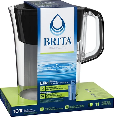 Pichet de filtration d’eau Brita d’une capacité de 10 tasses avec filtre Elite et indicateur de changement de filtre SmartLight, réduit plus de 30 contaminants, incluant le plomb et les microplastique modèle Tahoe noir