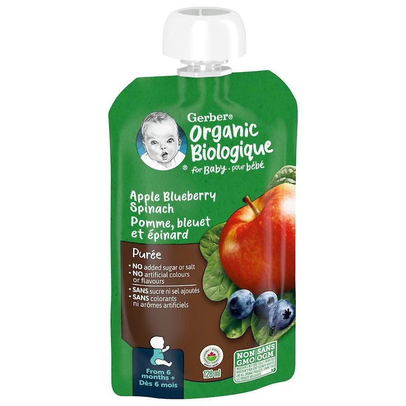 GERBER Organic Purée, Apple Blueberries Spinach, Baby Food, 128 mL