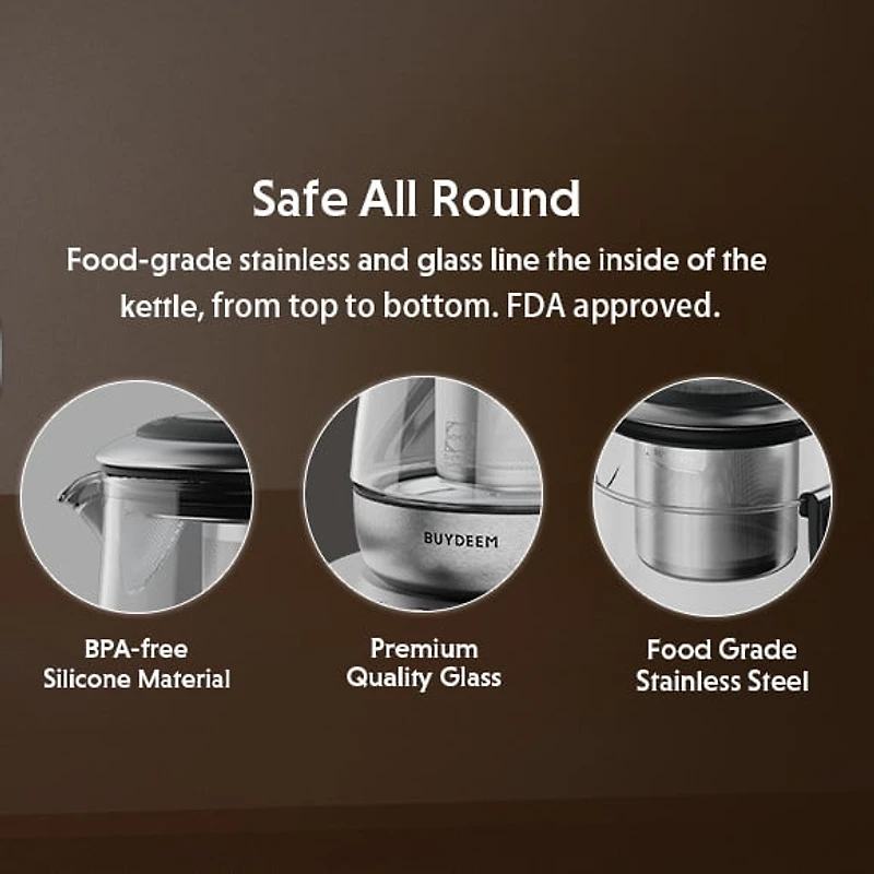 BUYDEEM K2423 Théière, Bouilloire Électrique Durable en Acier Inoxydable 316 et Verre Allemand Schott, Infuseur Amovible, Maintien Automatique au Chaud, Sans BPA, 1,2L