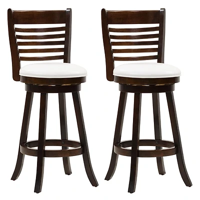 CorLiving Willa Dark Brown Indoor Swivel Bar Stools Set of 2 with White Faux Leather Seats and Horizontal Slatted High Backs