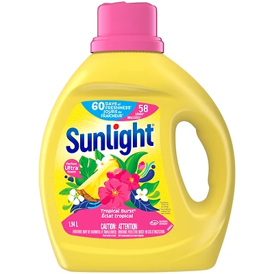 Détergent à lessive liquide concentré, Sunlight eclat tropicale, 1,94 l, 58 brassées, jusqu’à 60 jours de fraîcheur, combats les odeurs, compatible avec les laveuses HE