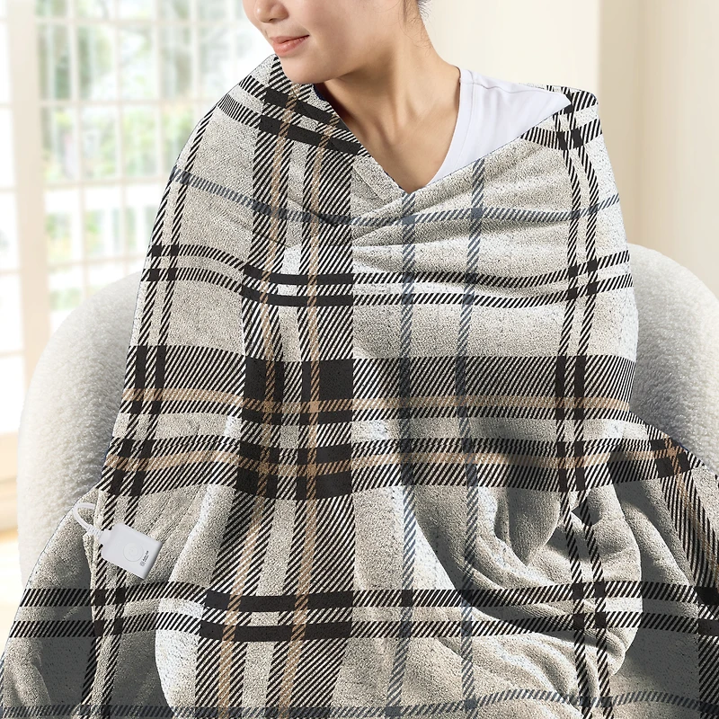 Sunbeam Heated Black Plaid Throw Microplush Faux Shearling 4 Heat 50x70