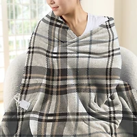 Sunbeam Heated Black Plaid Throw Microplush Faux Shearling 4 Heat 50x70