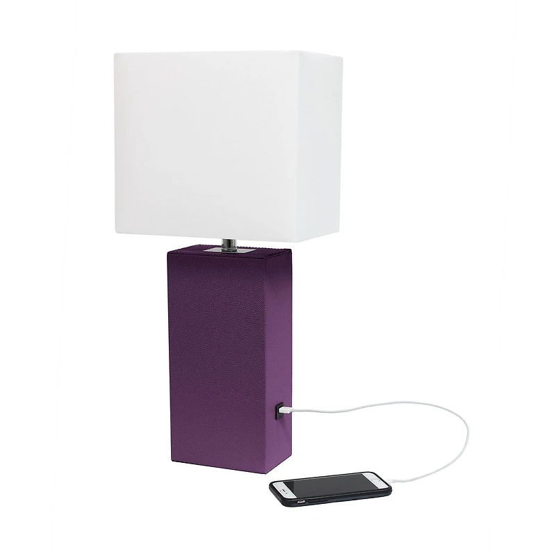 Lampe de table design moderne en cuir élégant avec abat-jour USB et tissu blanc