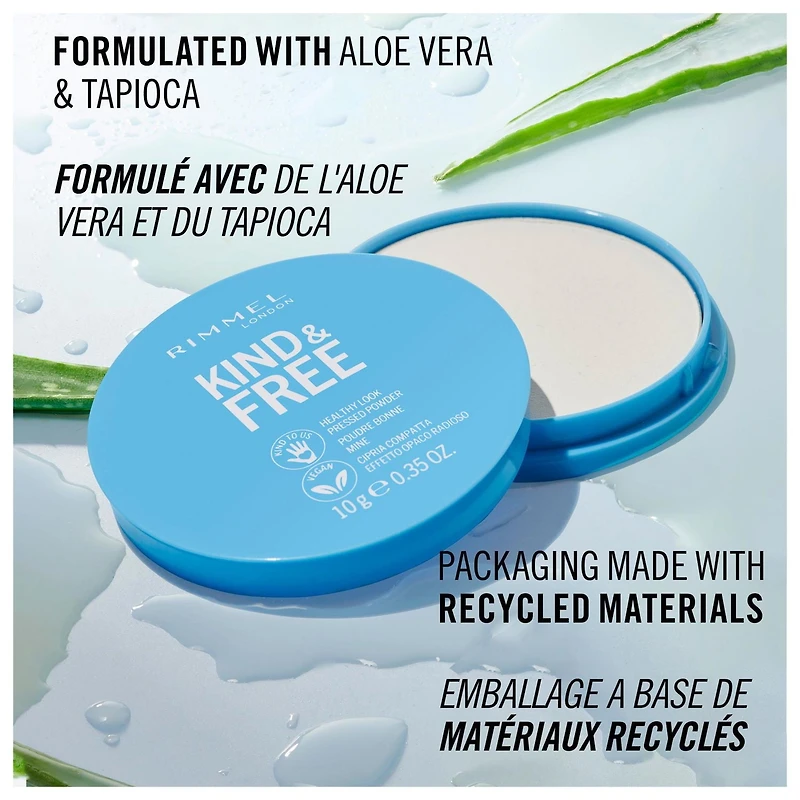 Rimmel Poudre Pressée Kind & Free™ - Fond de teint en poudre léger et sans talc, à l'aloe vera et au tapioca, 100% Végétalien & Sans Cruauté Poudre Pressée Végétalienne
