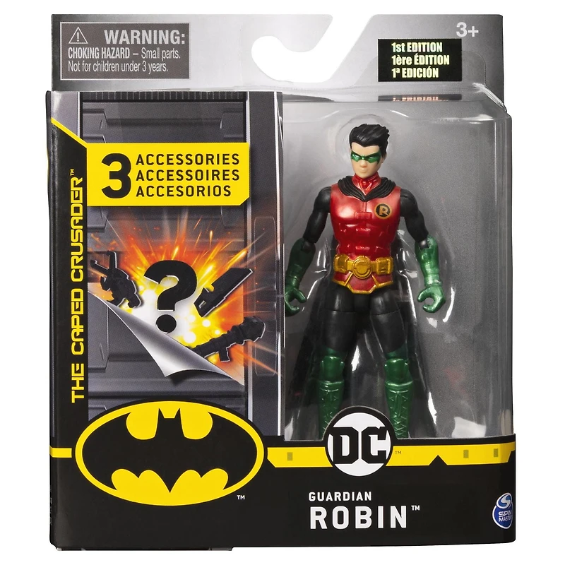 BATMAN, Figurine articulée ROBIN Guardien de 10 cm avec 3 accessoires mystère, Mission 2