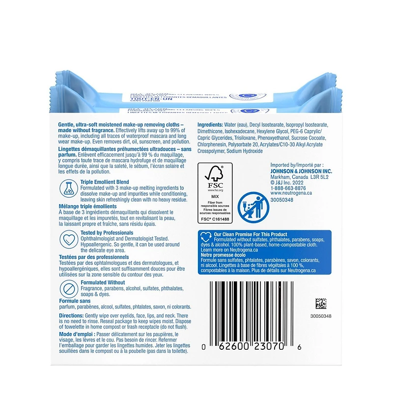 Neutrogena Makeup Removing Wipes, All-in-One Fragrance Free, 2 x 25 Wipes
