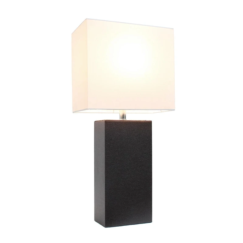 Conceptions Elégantes Lampe de table moderne en cuir avec abat-jour en tissu blanc, brun espresso