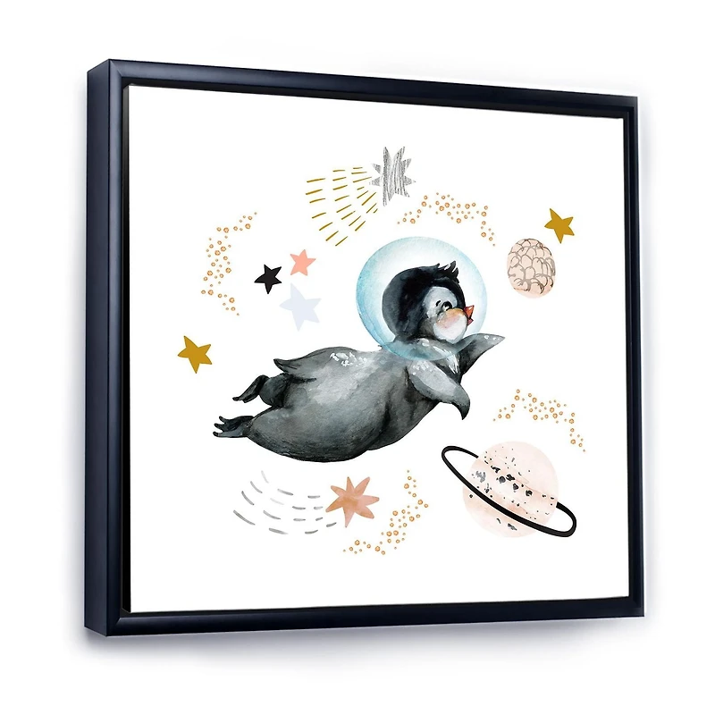 Designart Little Penguin Flying Stars and Planets II FLOAT FRAME WALL ART