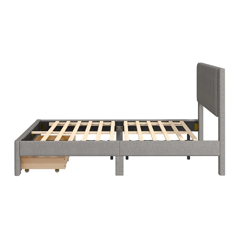 Lit plateforme capitonné gris clair CorLiving Metro avec rangement et tiroirs en format double/double et grand lit