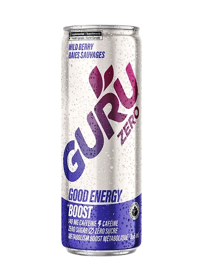 GURU Boisson Énergétique Bio, Sans Sucre, Baie Sauvage, Canette de 355ml Un mélange de baies juteuses et audacieuses. Énergie sauvage sans sucre et sans arômes artificiels. Canette de 355 ml.