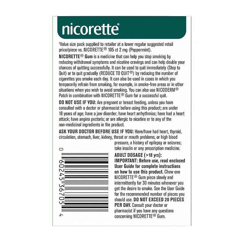 Nicorette Peppermint Gum, 2 mg, Quit Smoking, Nicotine Gum, Smoking Cessation Aid, NRT, Reduce Cravings, 210 pieces