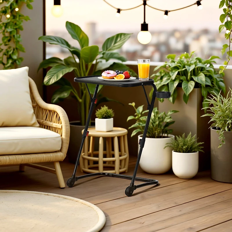 Homy Casa Folding Accent Table with Adjustable Height, Black Matte Frame