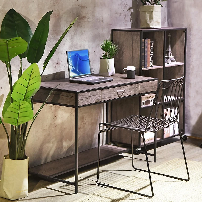 Homylin Home Office Computer Desk with Drawer, Retro Style 43" Wooden Writing Desk, Laptop Study Table Workstation, Stable Metal Frame, Rustic Dark Brown