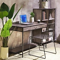 Homylin Home Office Computer Desk with Drawer, Retro Style 43" Wooden Writing Desk, Laptop Study Table Workstation, Stable Metal Frame, Rustic Dark Brown